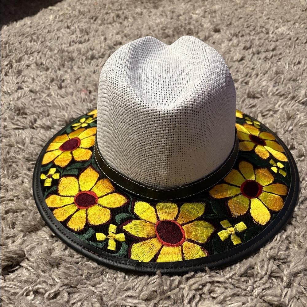 Women’s Mexican Vibrant Floral Embroidered White Hat with Yellow Flowers - Picture 3 of 4
